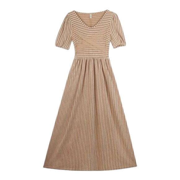 Cottagecore Coastal Neutral Feminine striped wrap puffed sleeves Maxi dress L - Picture 4 of 16